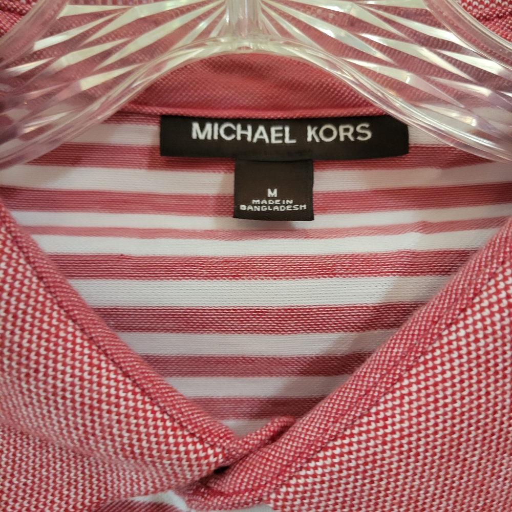 Michael Kors Men's Short Sleeve Polo Shirt in Red With Black And White Stripes - Picture 4 of 5